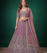 Catching Purple Dori, Zari, and Sequins Embroidered Rangoli Silk mehendi ceremony wear lehenga
