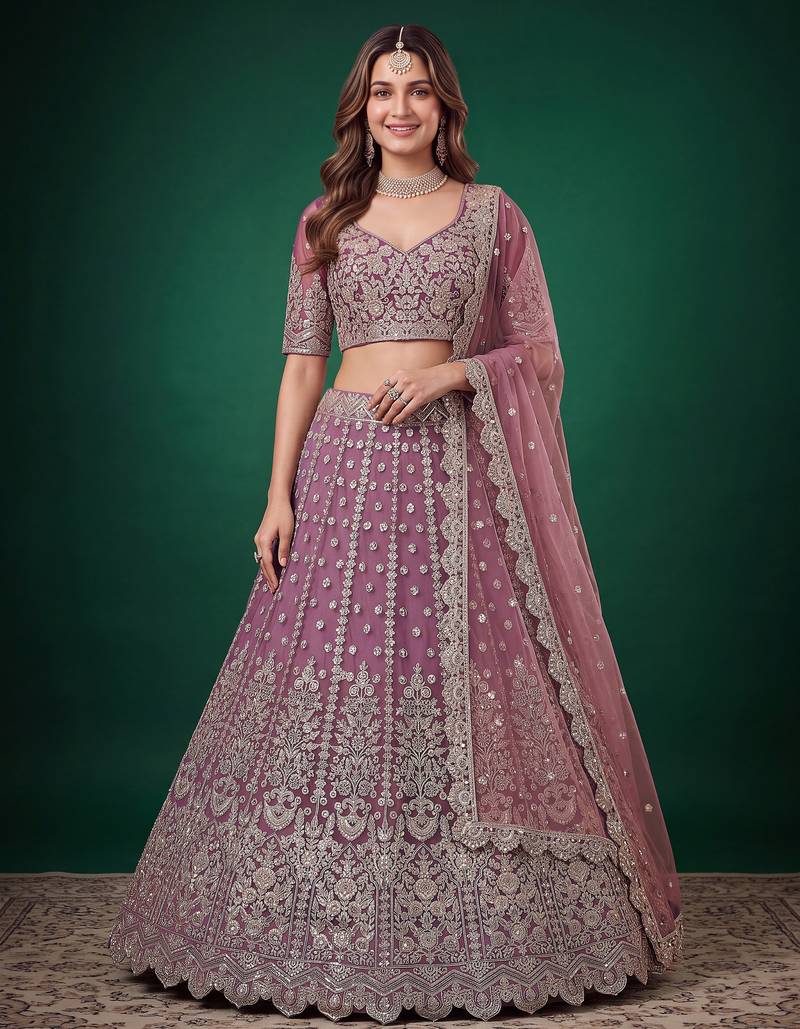 Catching Purple Dori, Zari, and Sequins Embroidered Rangoli Silk mehendi ceremony wear lehenga