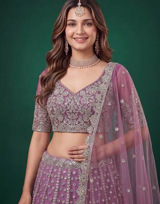Catching Purple Dori, Zari, and Sequins Embroidered Rangoli Silk mehendi ceremony wear lehenga 2