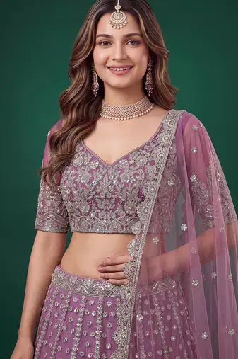 Catching Purple Dori, Zari, and Sequins Embroidered Rangoli Silk mehendi ceremony wear lehenga