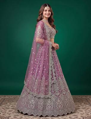 Catching Purple Dori, Zari, and Sequins Embroidered Rangoli Silk mehendi ceremony wear lehenga 3