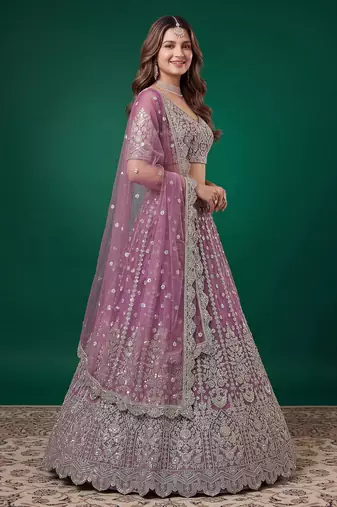 Catching Purple Dori, Zari, and Sequins Embroidered Rangoli Silk mehendi ceremony wear lehenga