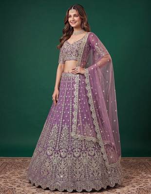 Catching Purple Dori, Zari, and Sequins Embroidered Rangoli Silk mehendi ceremony wear lehenga 4