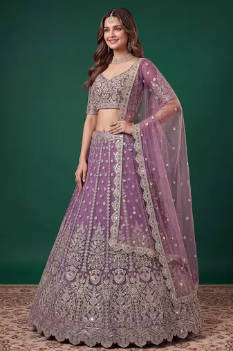 Catching Purple Dori, Zari, and Sequins Embroidered Rangoli Silk mehendi ceremony wear lehenga