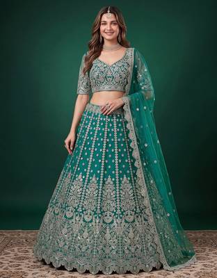 Delightful Rama-Green Dori, Zari, and Sequins Embroidered Rangoli Silk Indian party wear lehenga 1