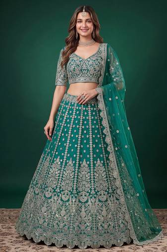 Delightful Rama-Green Dori, Zari, and Sequins Embroidered Rangoli Silk Indian party wear lehenga