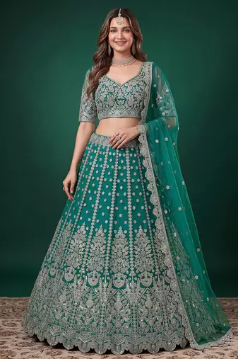 Delightful Rama-Green Dori, Zari, and Sequins Embroidered Rangoli Silk Indian party wear lehenga