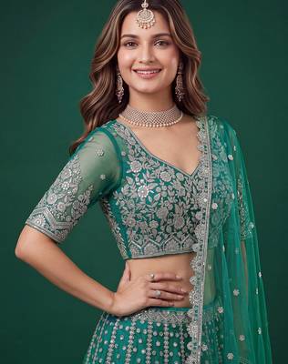 Delightful Rama-Green Dori, Zari, and Sequins Embroidered Rangoli Silk Indian party wear lehenga 2