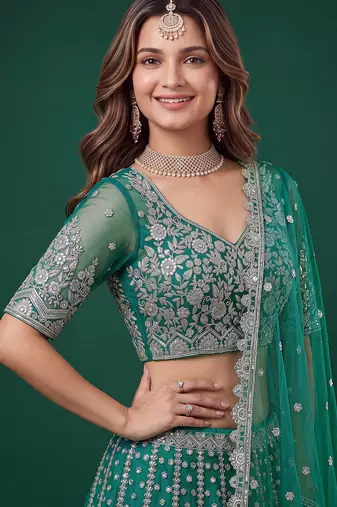 Delightful Rama-Green Dori, Zari, and Sequins Embroidered Rangoli Silk Indian party wear lehenga