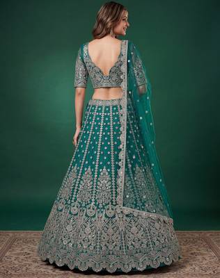 Delightful Rama-Green Dori, Zari, and Sequins Embroidered Rangoli Silk Indian party wear lehenga 3