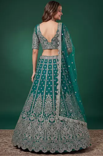 Delightful Rama-Green Dori, Zari, and Sequins Embroidered Rangoli Silk Indian party wear lehenga