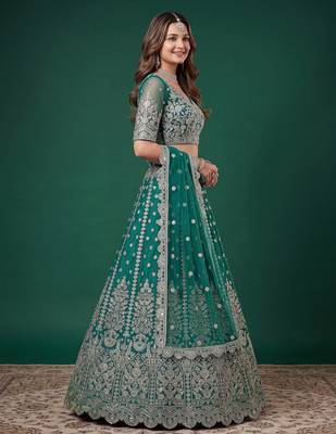 Delightful Rama-Green Dori, Zari, and Sequins Embroidered Rangoli Silk Indian party wear lehenga 4