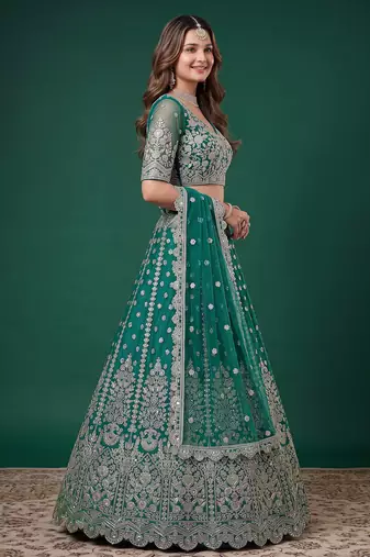 Delightful Rama-Green Dori, Zari, and Sequins Embroidered Rangoli Silk Indian party wear lehenga
