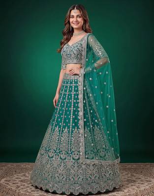 Delightful Rama-Green Dori, Zari, and Sequins Embroidered Rangoli Silk Indian party wear lehenga 5