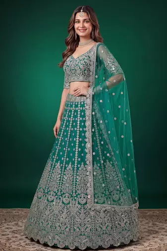 Delightful Rama-Green Dori, Zari, and Sequins Embroidered Rangoli Silk Indian party wear lehenga