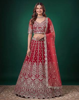 Bewitching Red Dori, Zari, and Sequins Embroidered Rangoli Silk reception wear lehenga 1