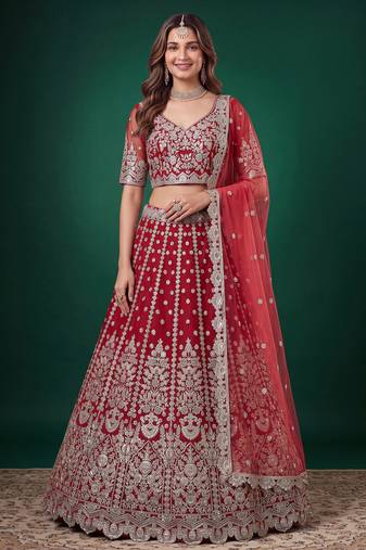 Bewitching Red Dori, Zari, and Sequins Embroidered Rangoli Silk reception wear lehenga