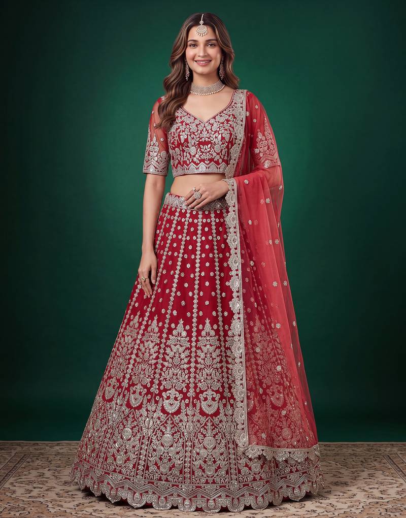 Bewitching Red Dori, Zari, and Sequins Embroidered Rangoli Silk reception wear lehenga