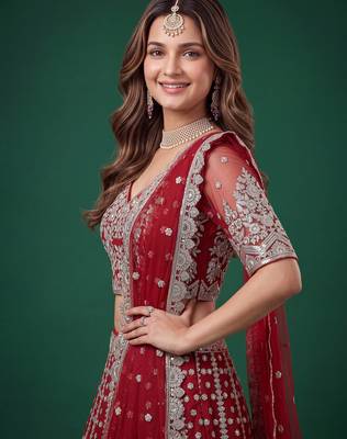 Bewitching Red Dori, Zari, and Sequins Embroidered Rangoli Silk reception wear lehenga 2