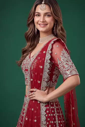 Bewitching Red Dori, Zari, and Sequins Embroidered Rangoli Silk reception wear lehenga