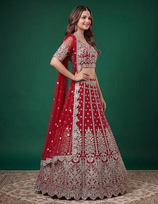 Bewitching Red Dori, Zari, and Sequins Embroidered Rangoli Silk reception wear lehenga 3