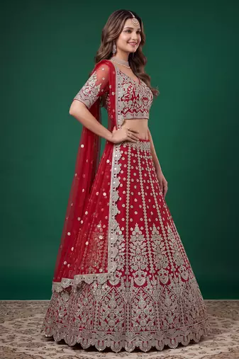 Bewitching Red Dori, Zari, and Sequins Embroidered Rangoli Silk reception wear lehenga
