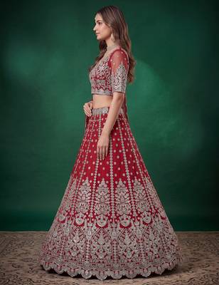 Bewitching Red Dori, Zari, and Sequins Embroidered Rangoli Silk reception wear lehenga 4