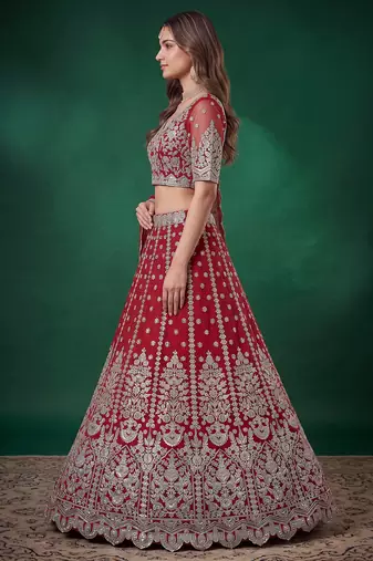 Bewitching Red Dori, Zari, and Sequins Embroidered Rangoli Silk reception wear lehenga