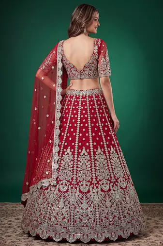 Bewitching Red Dori, Zari, and Sequins Embroidered Rangoli Silk reception wear lehenga