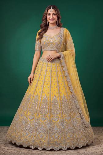 Fetching Yellow Dori, Zari, and Sequins Embroidered Rangoli Silk wedding sangeet ceremony lehenga