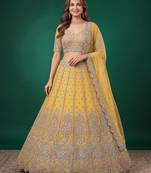 Fetching Yellow Dori, Zari, and Sequins Embroidered Rangoli Silk wedding sangeet ceremony lehenga