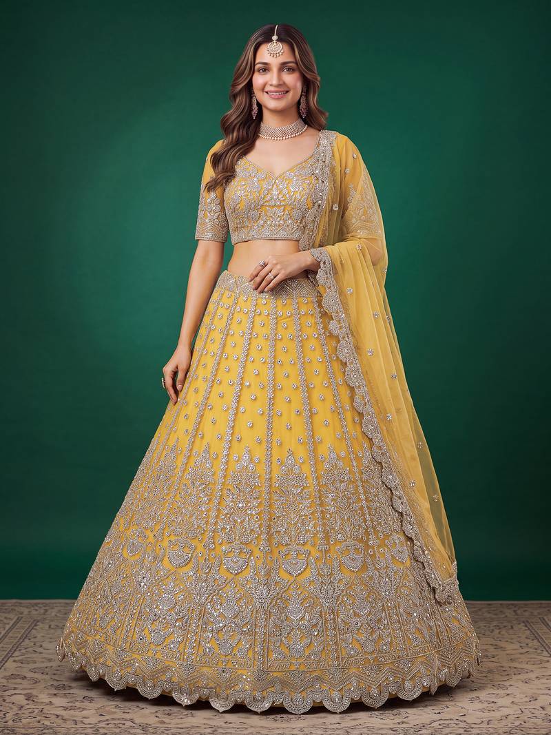 Fetching Yellow Dori, Zari, and Sequins Embroidered Rangoli Silk wedding sangeet ceremony lehenga