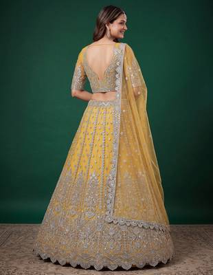 Fetching Yellow Dori, Zari, and Sequins Embroidered Rangoli Silk wedding sangeet ceremony lehenga 2
