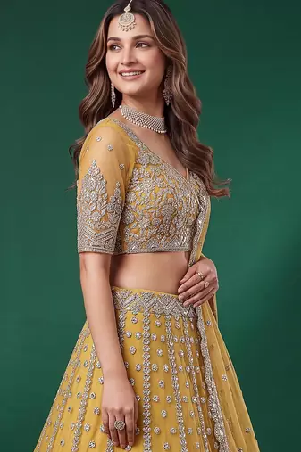 Fetching Yellow Dori, Zari, and Sequins Embroidered Rangoli Silk wedding sangeet ceremony lehenga