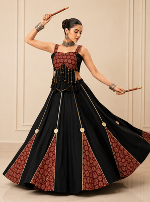 black ajrak print cotton navratri lehenga set 3