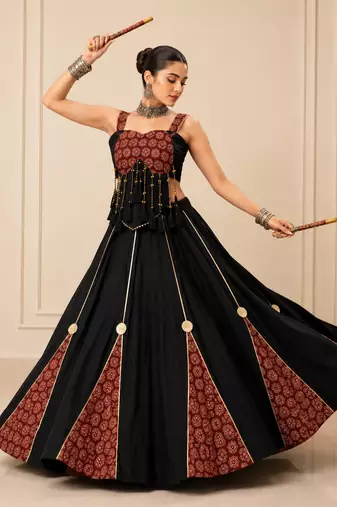 Black Cotton Ajrak Print Lehenga Set