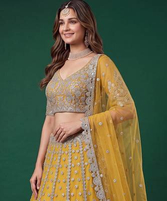 Fetching Yellow Dori, Zari, and Sequins Embroidered Rangoli Silk wedding sangeet ceremony lehenga 4