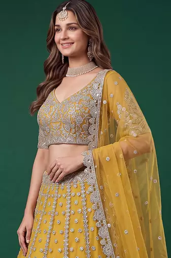 Fetching Yellow Dori, Zari, and Sequins Embroidered Rangoli Silk wedding sangeet ceremony lehenga