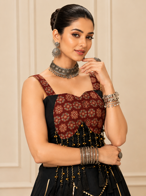 black ajrak print cotton navratri lehenga set 4