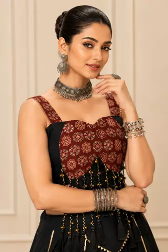 Black Cotton Ajrak Print Lehenga Set
