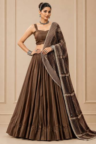 Brown Moonga Silk Blend Lehenga Choli