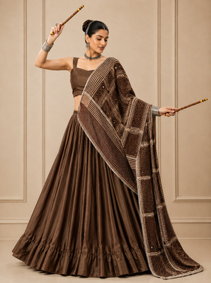 brown moonga silk blend navratri lehenga choli 3