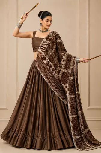 Brown Moonga Silk Blend Lehenga Choli