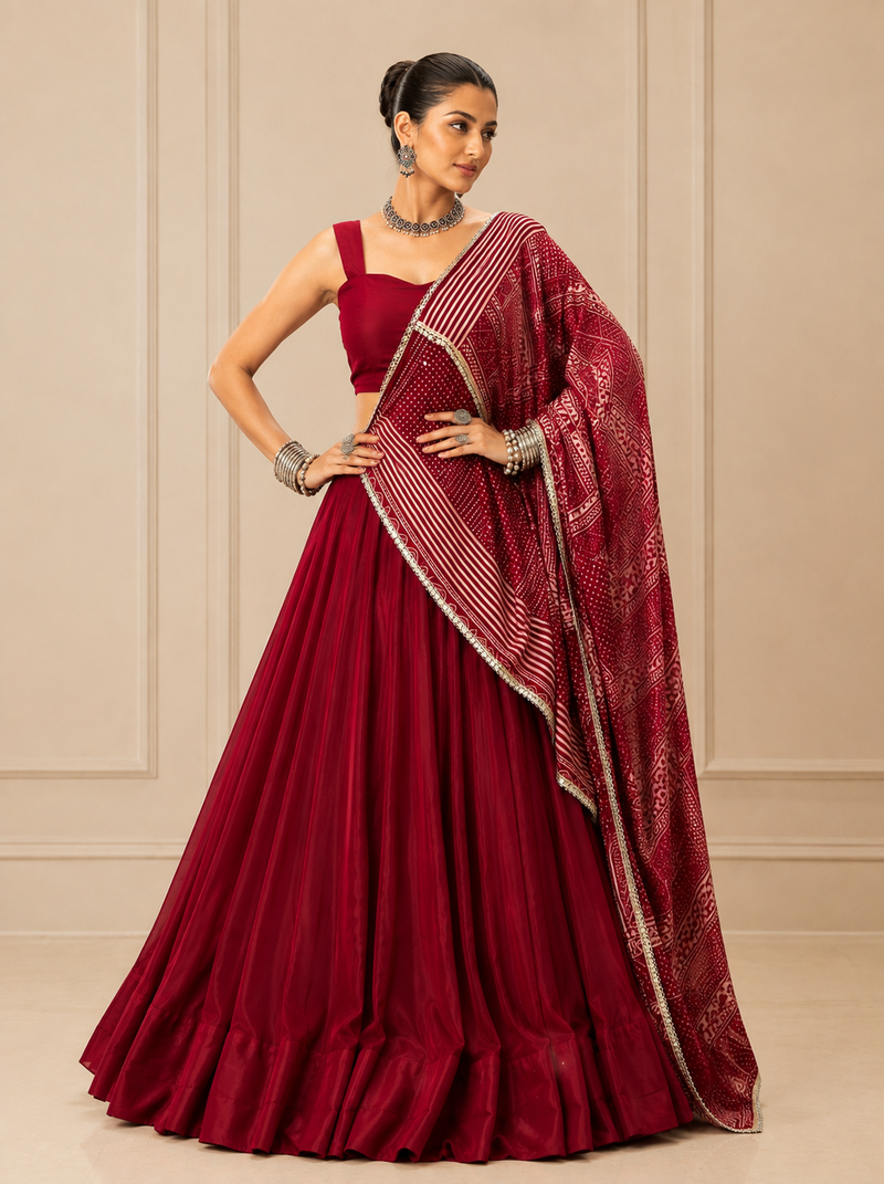 maroon moonga silk blend navratri lehenga choli