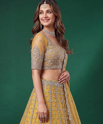 Fetching Yellow Dori, Zari, and Sequins Embroidered Rangoli Silk wedding sangeet ceremony lehenga 5