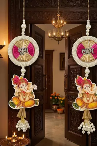 handmade multicolour decorative ganesh ji hanging shubh labh hanging for decoration for home decor (pack of 2)