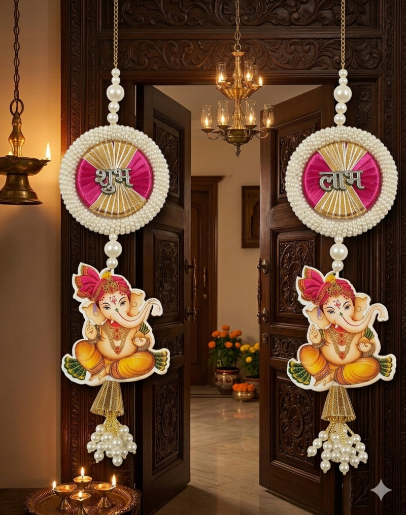 handmade multicolour decorative ganesh ji hanging shubh labh hanging for decoration for home decor (pack of 2)