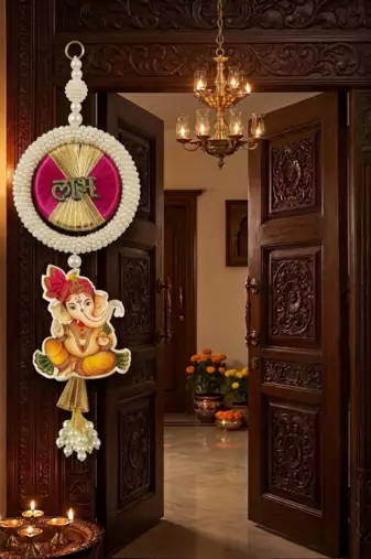 handmade multicolour decorative ganesh ji hanging shubh labh hanging for decoration for home decor (pack of 2)