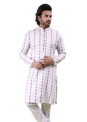 Mens cotton woven design kurta white 1