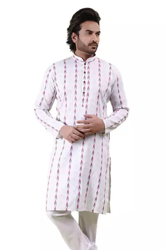 Mens cotton woven design kurta white